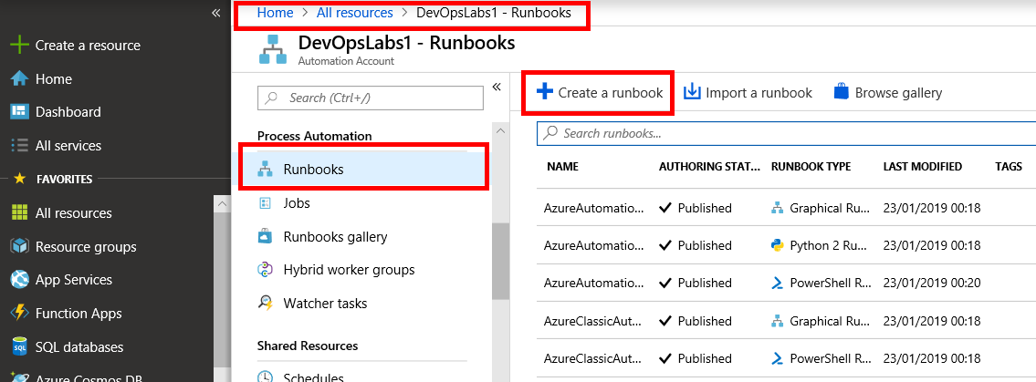 Screenshot of the Process Automation section of Azure Portal. Three previously described display elements used for creating a new runbook are highlighted.